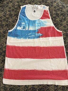 Free State Men's Red, White & Blue Striped Swim Tank with Coastal Print
